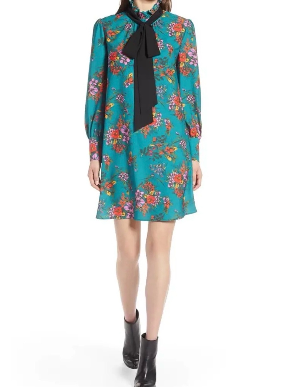 Halogen Teal Floral Bow-Tie Long-Sleeve Shift Dress Size Small Petite